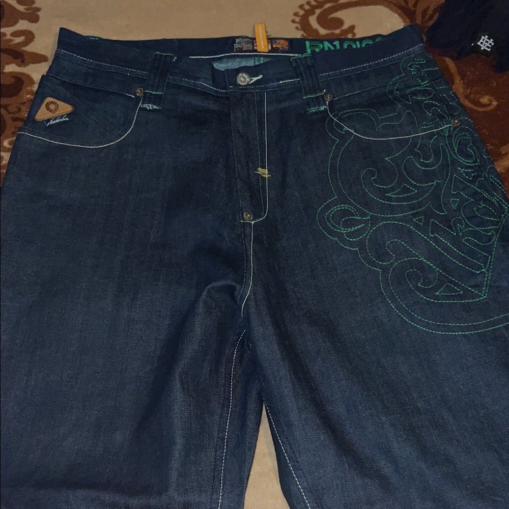 Akademiks Dark Blue Jeans with Green Embroidery